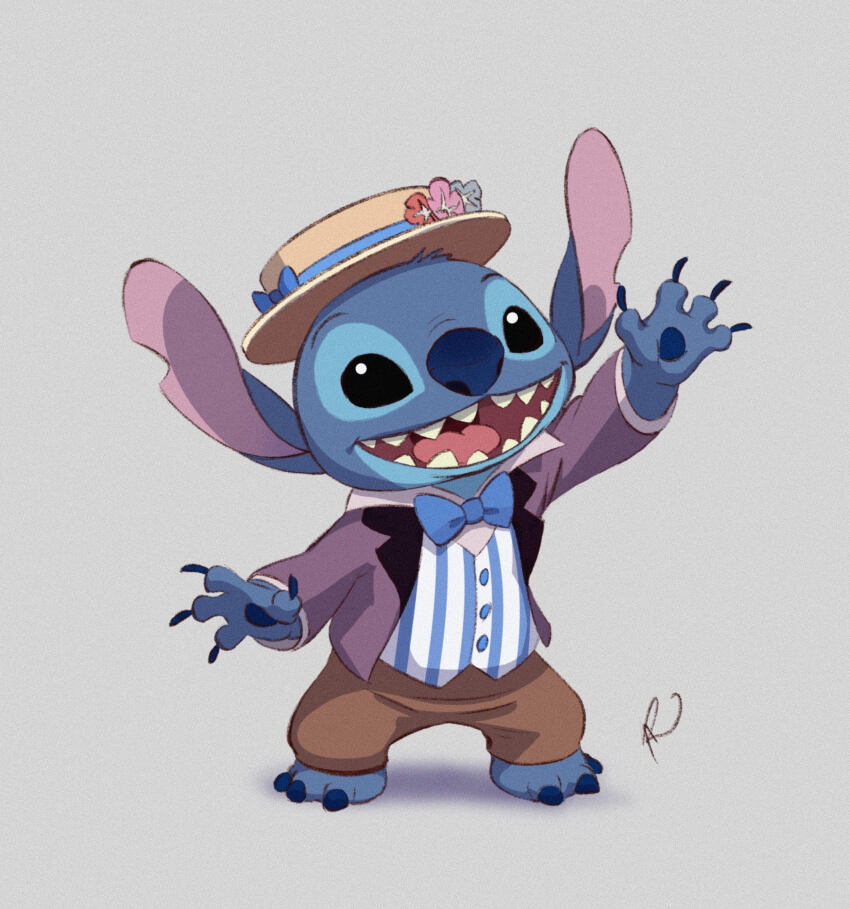 absurdres, blue_bow, blue_bowtie, blue_fur, bow, bowtie, brown_pants, grey_background, hat, highres, jacket, lilo_&amp;_stitch, looking_at_viewer, no_humans, open_clothes, open_jacket, pants, purple_jacket, rain1940, shirt, simple_background, solo, standing, stitch_(lilo_&amp;_stitch), striped_clothes, striped_shirt