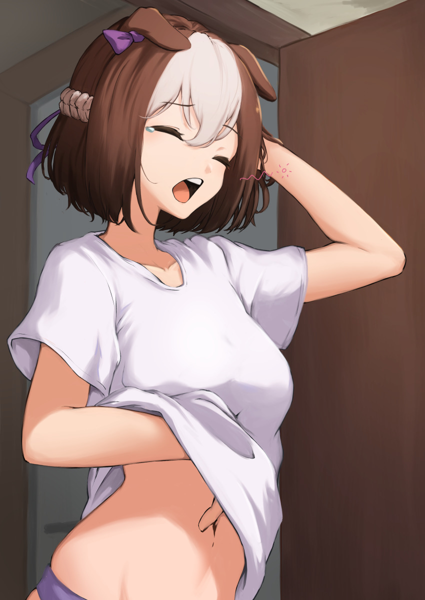 1girl, absurdres, alternate_costume, bow, brown_hair, closed_eyes, ear_bow, from_side