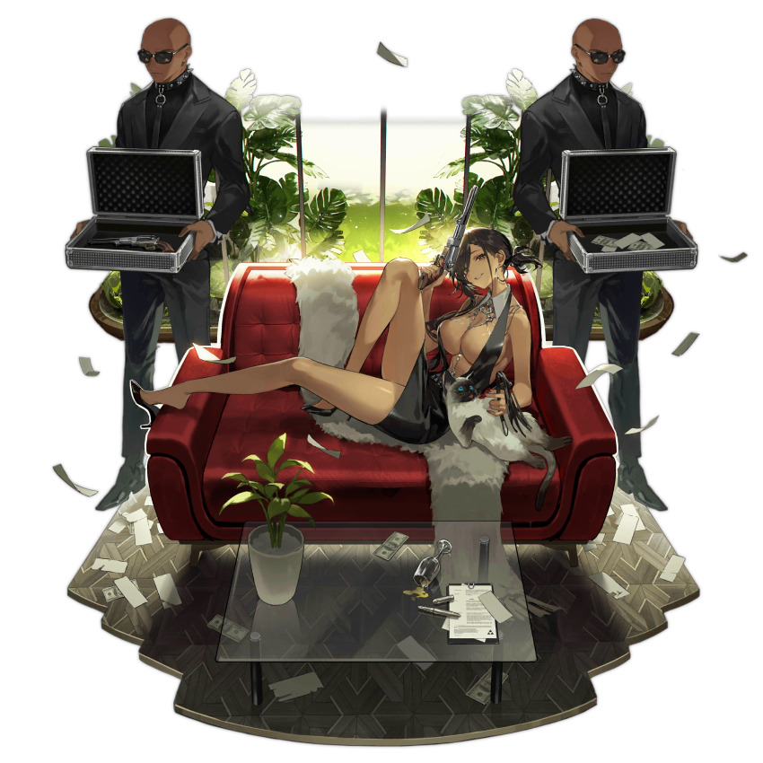 1girl, 2boys, bahao_diqiu, black_hair, black_jacket, black_skirt, breasts, briefcase