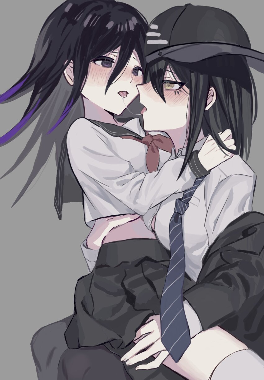 2girls, after_kiss, black_hair, black_headwear, black_sailor_collar, black_skirt, blush, danganronpa_(series)