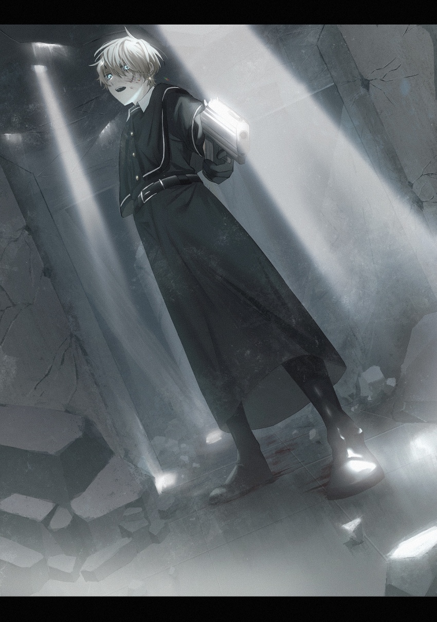 1boy, aiming, aiming_at_viewer, belt, black_belt, black_boots, black_capelet, black_coat