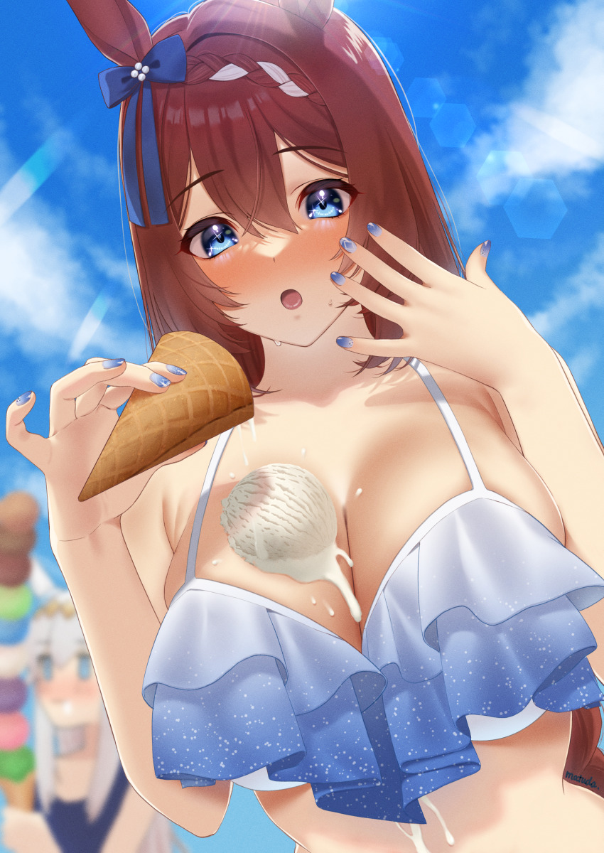 2girls, absurdres, accident, animal_ears, applying_manicure, artist_name, bikini, blue_bikini