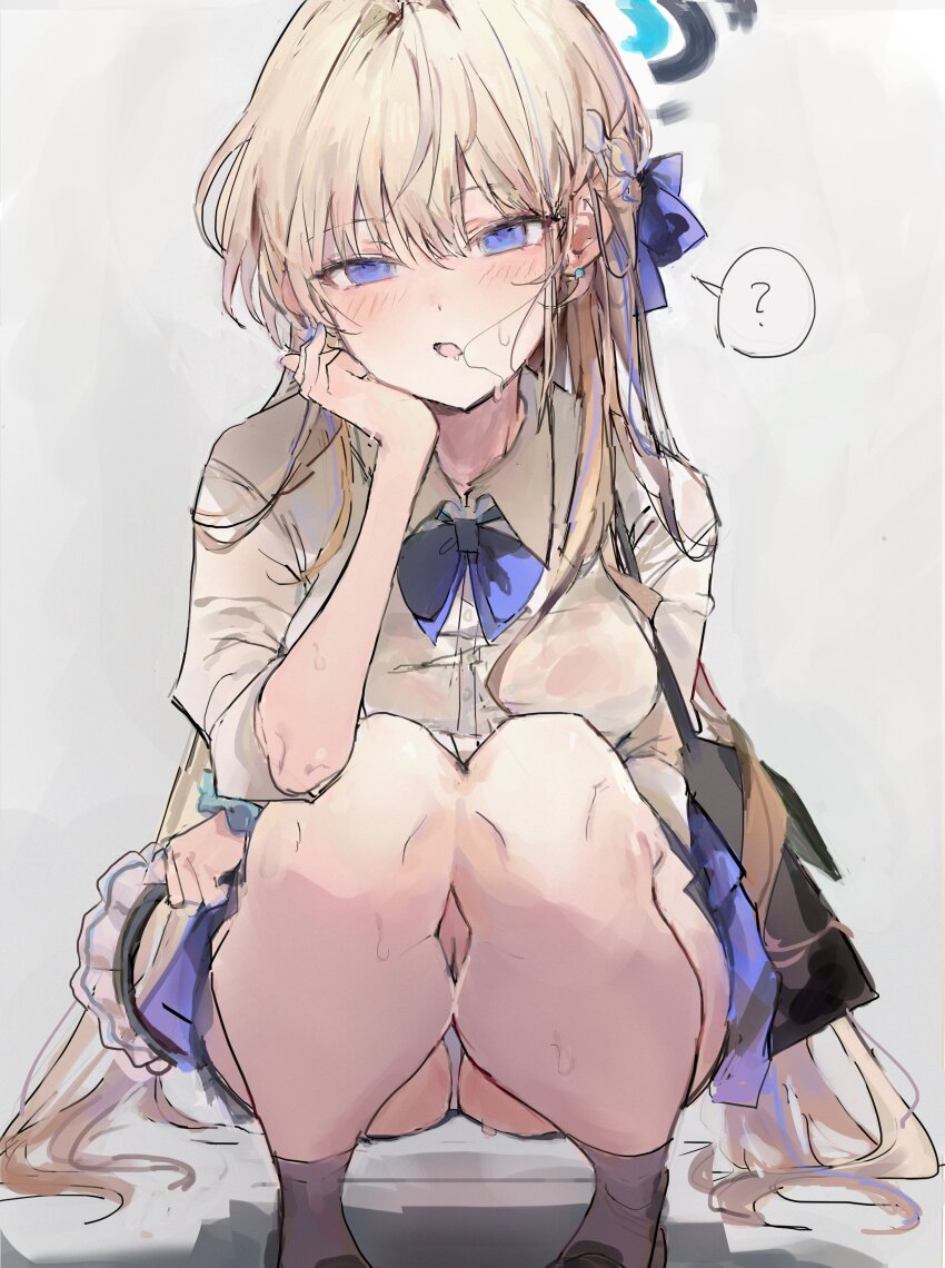 1girl, ?, absurdres, blonde_hair, blue_archive, blue_bow, blue_bowtie, blue_eyes, blue_skirt, blush, bow, bowtie, halo, highres, long_hair, looking_at_viewer, panties, pantyshot, qqkkay, school_uniform, shirt, skirt, solo, spoken_question_mark, squatting, sweatdrop, toki_(blue_archive), underwear, very_long_hair, wet, wet_clothes, wet_shirt, white_panties