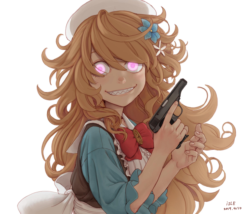 1girl, absurdres, alternate_eye_color, artist_name, blue_dress, bow, brooch, brown_dress