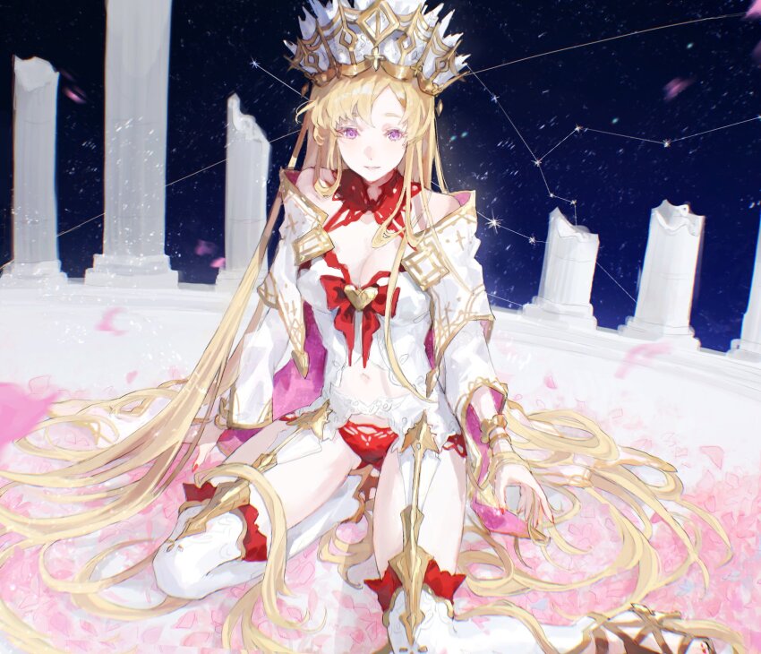1girl, blonde_hair, bracelet, breasts, cleavage, column, crown, europa_(fate), europa_(second_ascension)_(fate), fate/grand_order, fate_(series), high_heel_sandals, high_heels, highres, jewelry, kneeling, long_hair, medium_breasts, navel, pillar, pink_eyes, red_nails, sandals, solo, thighhighs, uda_(xax_057), very_long_hair