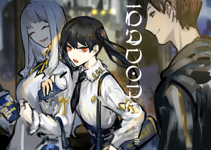 1boy, 2girls, birthday, black_hair, black_jacket, black_necktie, black_shorts, blue_eyes