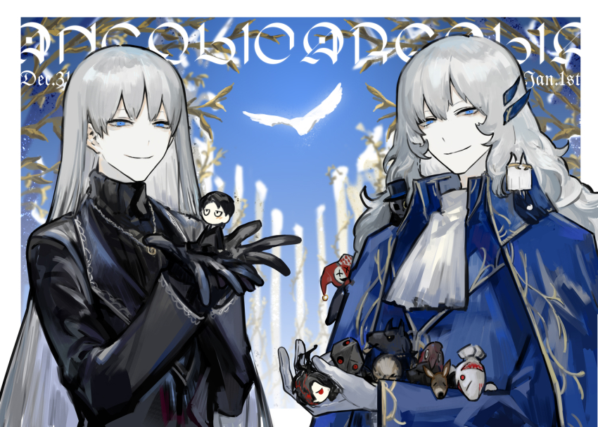 1boy, 1girl, angelica_(project_moon), argalia_(project_moon), ascot, bird, birthday, black_gloves