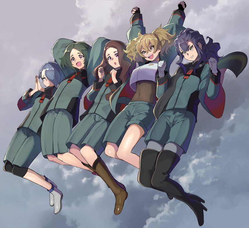 5girls, arms_behind_head, black_cape, black_footwear, black_gloves, blue_eyes, blue_hair, bodystocking