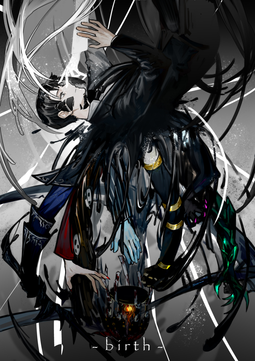 1boy, 1girl, angelica_(project_moon), birdcage, black_jacket, black_necktie, black_pants, broken_mask