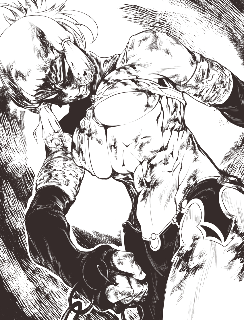 1girl, abs, angry, blank_eyes, blood, blood_in_hair, blood_on_arm, blood_on_body, blood_on_chest, blood_on_face, blood_on_hands, blood_on_leg, blunt_bangs, breasts, chain, clenched_teeth, commentary_request, elbow_gloves, fate/grand_order, fate_(series), fingerless_gloves, furious, gloves, greyscale, hair_tie, highres, holding, holding_chain, large_breasts, medium_hair, midriff, monochrome, muscular, muscular_female, navel, no_pupils, obliques, penthesilea_(fate), ponytail, short_ponytail, sidelocks, solo, teeth, tutu_ura_ura, underboob
