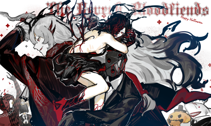 3girls, 4boys, alternate_color, alternate_eye_color, antennae, argalia_(project_moon), backless_dress, backless_outfit