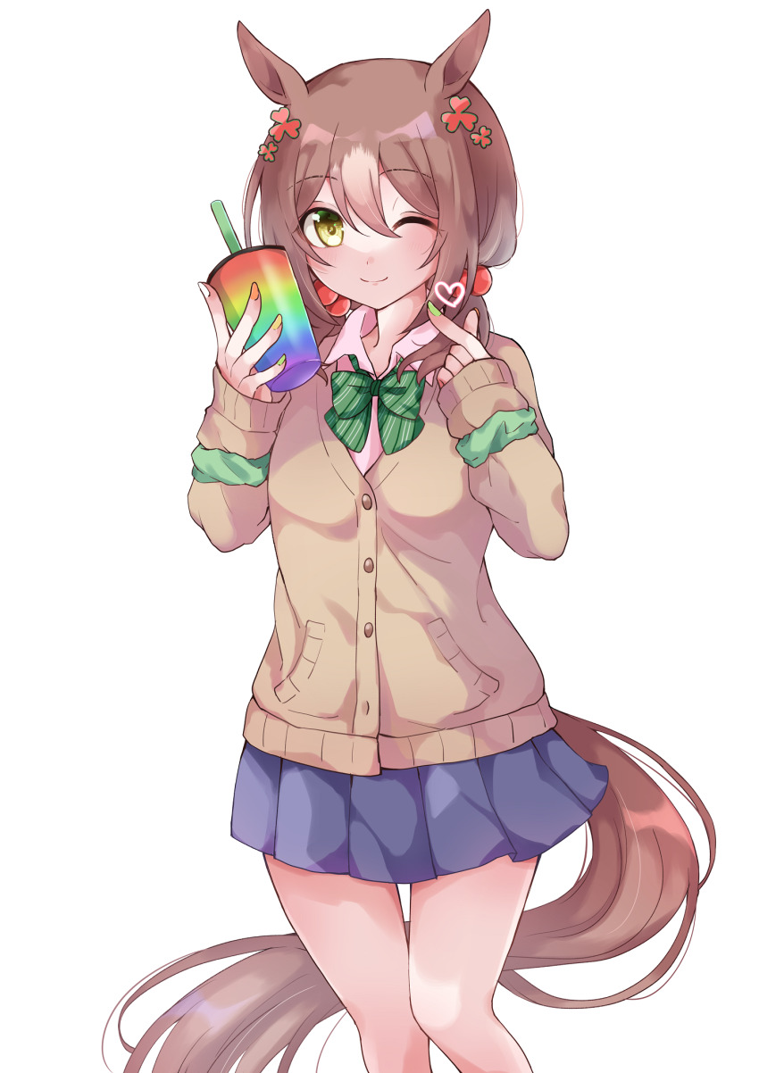 1girl, alternate_costume, alternate_hairstyle, animal_ears, breasts, commentary_request, cup, fine_motion_(umamusume)