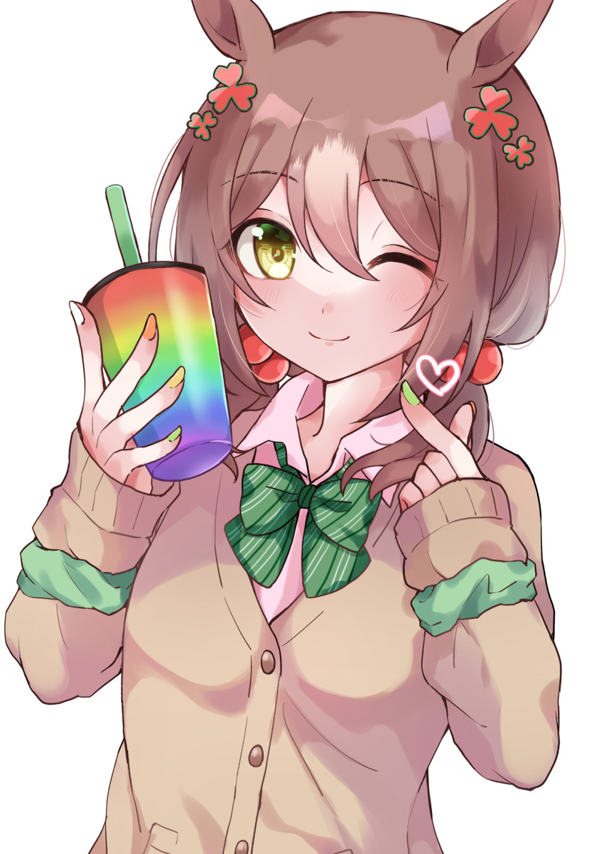 1girl, alternate_costume, alternate_hairstyle, animal_ears, breasts, commentary_request, cup, fine_motion_(umamusume)