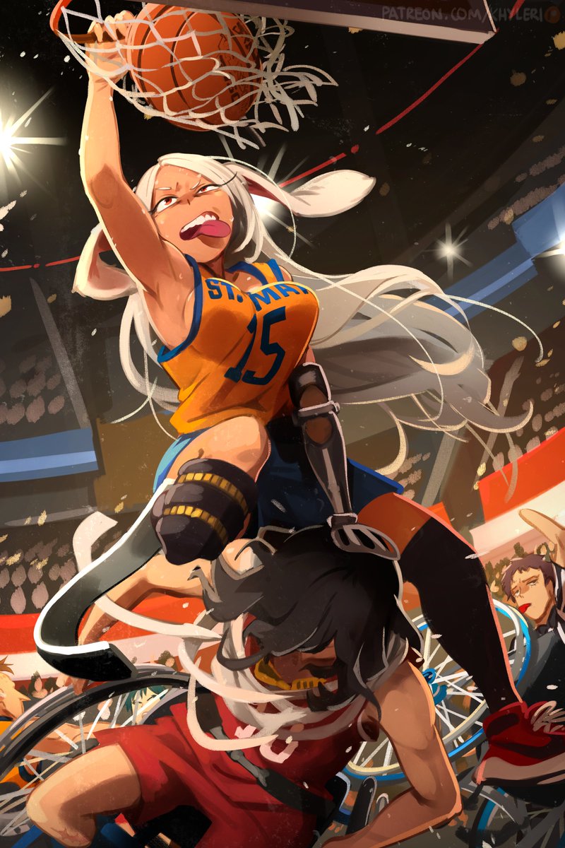 1girl, 2boys, alternate_costume, amputee, animal_ears, arm_up, armpits, ball, bare_shoulders, basketball, basketball_(object), basketball_uniform, black_hair, black_thighhighs, blue_shorts, boku_no_hero_academia, breasts, character_request, aizawa_shota, goggles, grey_hair, highres, indoors, khyle., large_breasts, long_hair, medium_breasts, meme, mirko, multiple_boys, orange_shirt, overhaul_(boku_no_hero_academia), parody, parted_bangs, pointy_nose, rabbit_ears, red_footwear, red_shirt, shiny_skin, shirt, shoes, shorts, sideboob, single_thighhigh, spoilers, sportswear, stadium, sweat, thighhighs, tongue, tongue_out, venom_dunking_on_spider-man_(meme), wheelchair