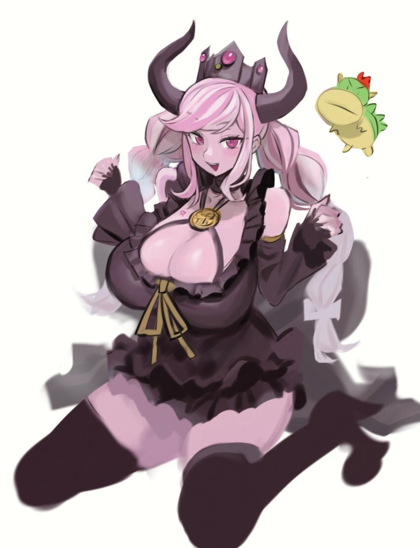 1girl, black_dress, black_headwear, braid, breasts, crown, demon_girl, demon_horns, detached_sleeves, dress, highres, horns, huge_breasts, kakuzatou_(satousatotototo), long_hair, master_detective_archives:_rain_code, purple_eyes, purple_hair, shinigami_(rain_code), tagme, thighhighs, twin_braids
