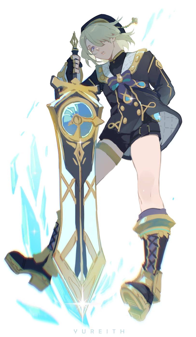 1boy, androgynous, beret, black_boots, black_shirt, black_shorts, blonde_hair, blue_hat