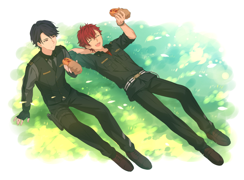 2boys, belt, black_gloves, black_hair, black_necktie, black_pants, black_shirt, bracelet, brad_beams, brown_footwear, buttons, closed_mouth, collared_shirt, commentary_request, food, full_body, gloves, grass, helios_rising_heroes, highres, holding, holding_food, jewelry, long_sleeves, looking_at_another, lying, male_focus, multiple_boys, necktie, on_back, on_ground, one_eye_closed, open_collar, open_mouth, otori_akira, pants, partial_commentary, purple_eyes, red_hair, sekina, shirt, short_hair, sitting, split_mouth, teeth, upper_teeth_only, vest