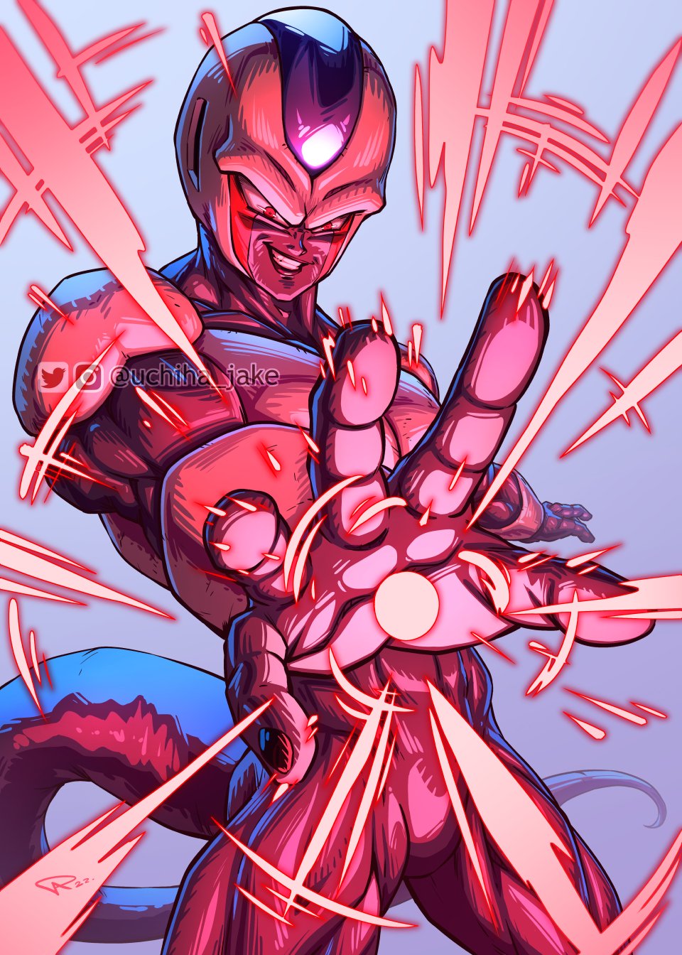 1boy, arm_up, artist_name, biceps, blue_background, colored_skin, commentary, cooler_(dragon_ball)