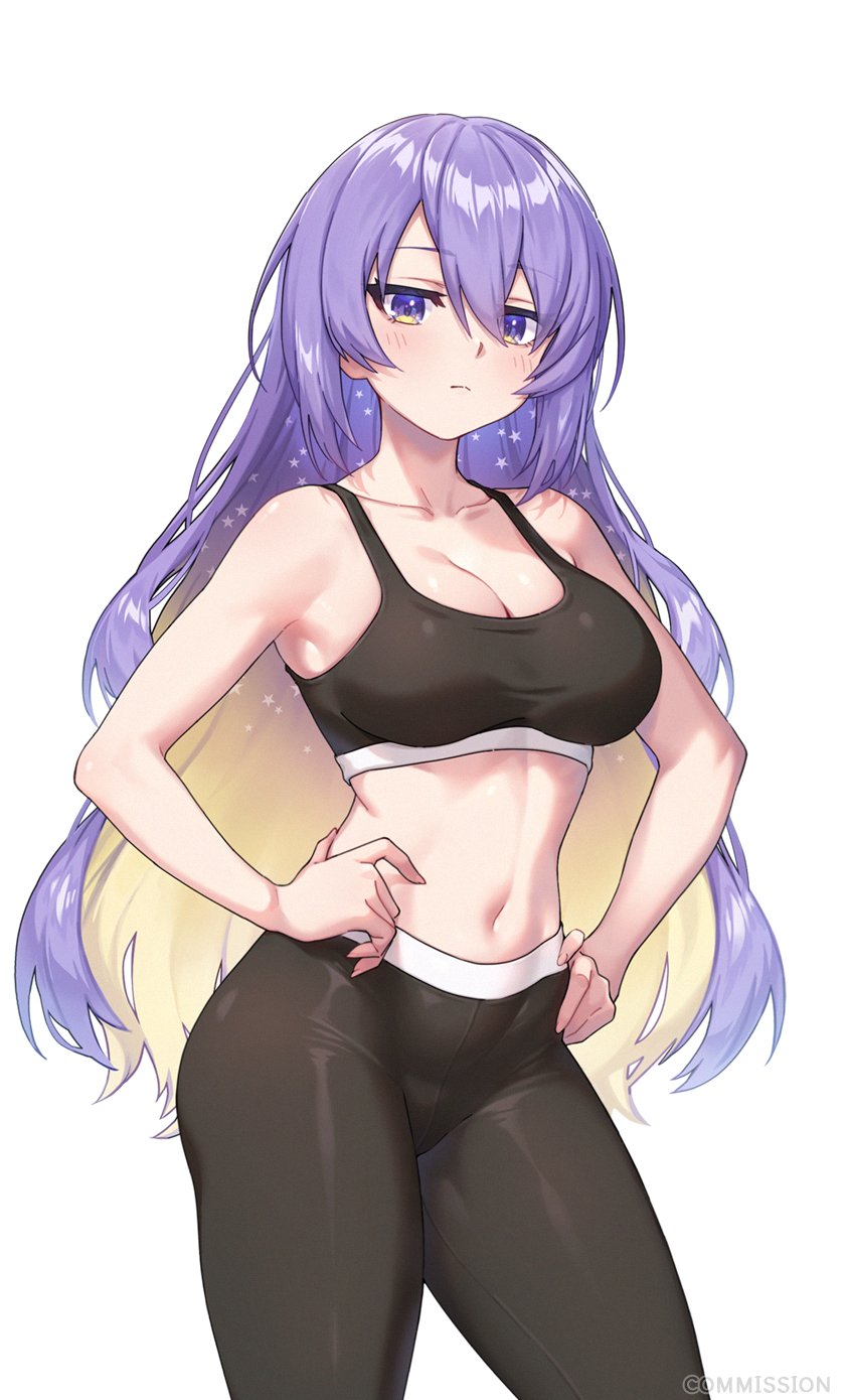 1girl, black_sports_bra, blonde_hair, blush, breasts, cleavage, colored_inner_hair, commentary_request