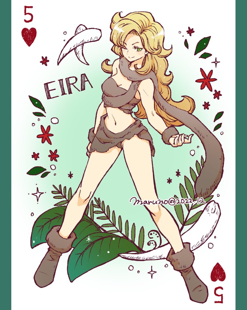 1girl, ayla_(chrono_trigger), blonde_hair, blue_eyes, breasts, card_(medium), chrono_trigger, cleavage