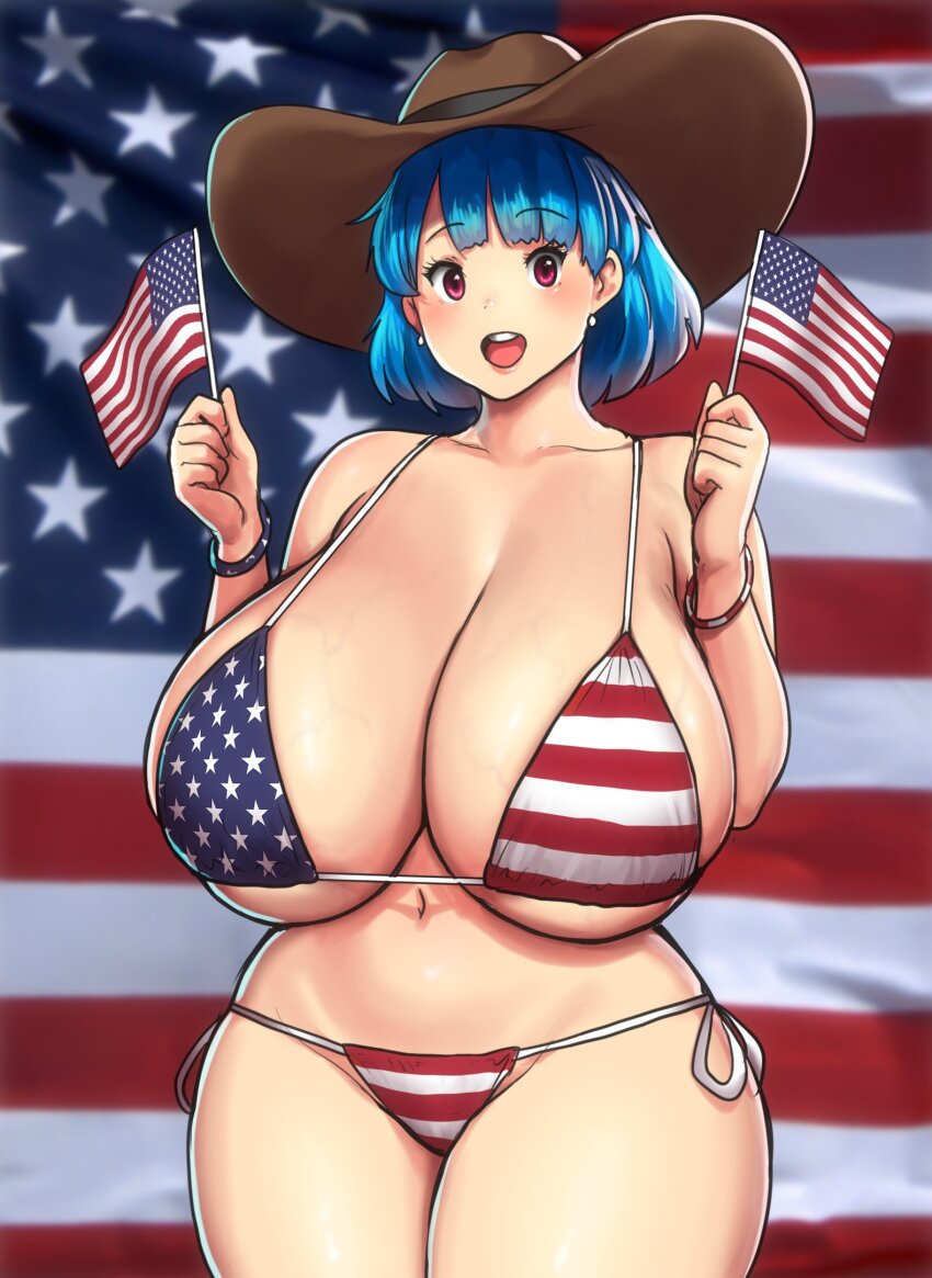1girl, american_flag, american_flag_bikini, american_flag_print, bikini, blue_hair, blush, bracelet
