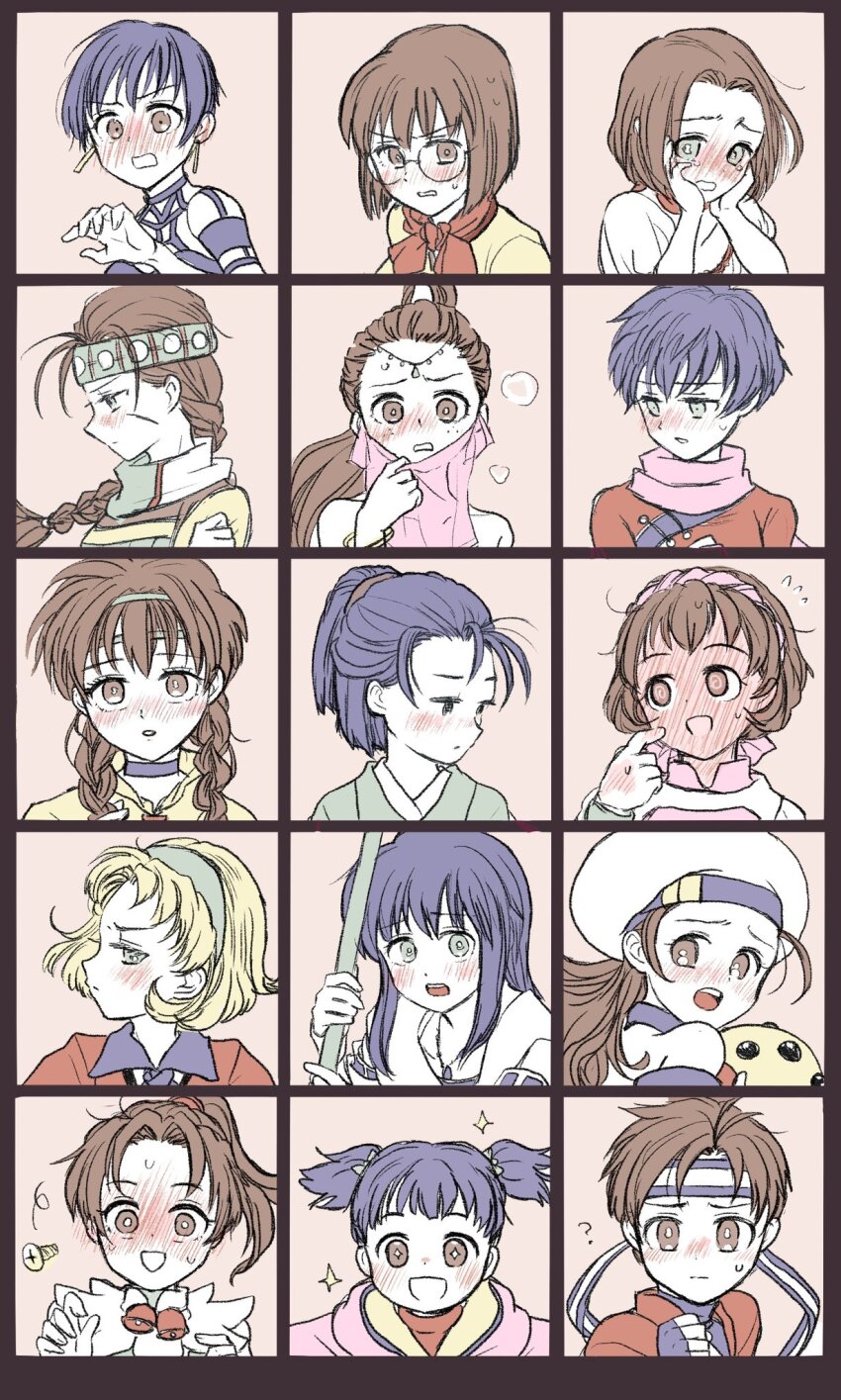 6+girls, @_@, annallee_(suikoden), apple_(suikoden), ayda_(suikoden), black_hair, blonde_hair, blush