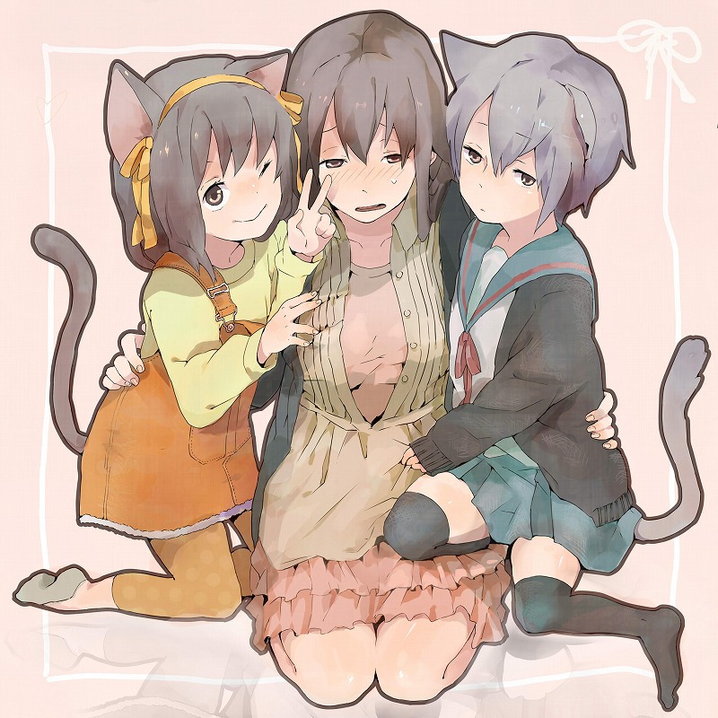 3girls, aged_down, amama_nyokki, animal_ears, asahina_mikuru, bad_id, bad_pixiv_id, cardigan, cat_ears, cat_tail, hairband, long_hair, multiple_girls, nagato_yuki, ribbon, school_uniform, serafuku, short_hair, suzumiya_haruhi, suzumiya_haruhi_no_yuuutsu, tail, thighhighs