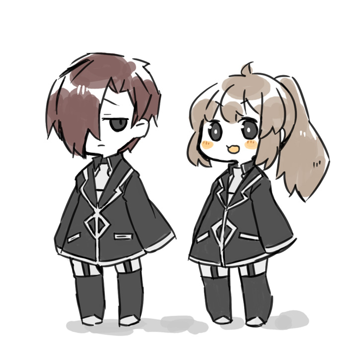 1boy, 1girl, ahoge, black_garter_straps, black_jacket, black_socks, bright_pupils, brown_hair