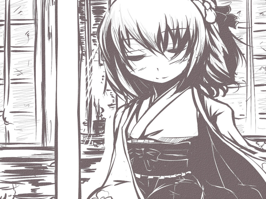 1girl, closed_eyes, female_focus, flower, hieda_no_akyuu, kazeshima_tokadame, monochrome, smile