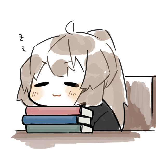 1girl, :3, =_=, ahoge, black_shirt, book, book_stack, closed_eyes