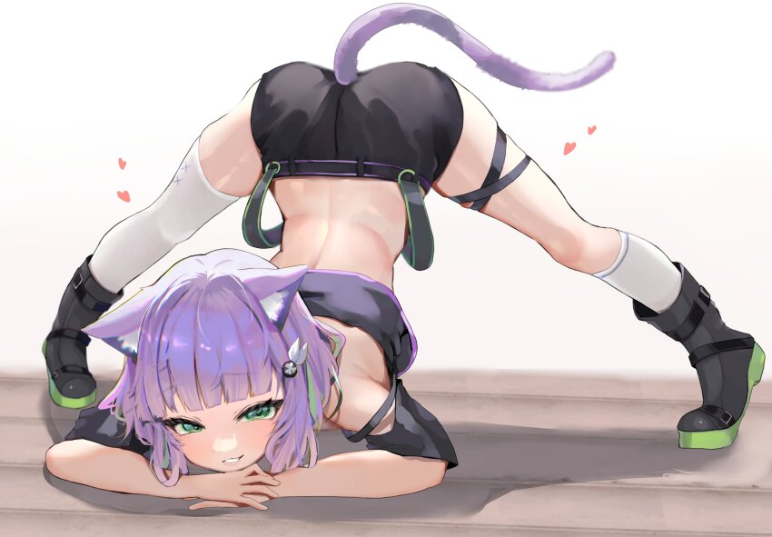 1girl, absurdres, animal_ears, ass, black_footwear, black_shirt, black_shorts, boots, cat_ears, cat_girl, cat_tail, full_body, green_eyes, green_hair, highres, indie_virtual_youtuber, jack-o'_challenge, kneehighs, looking_at_viewer, multicolored_hair, purple_hair, second-party_source, shirt, short_hair, shorts, shwaa, single_kneehigh, single_sock, single_thighhigh, smile, socks, strap_slip, tail, thigh_strap, thighhighs, top-down_bottom-up, two-tone_hair, virtual_youtuber, w_(1999_kyu), white_socks, white_thighhighs
