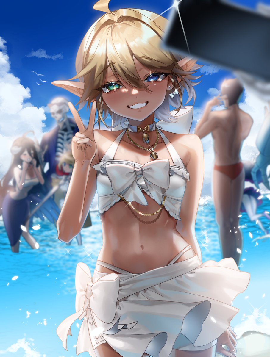 2023, ainz_ooal_gown, albedo_(overlord), alternate_costume, aura_bella_fiora, cocytus_(overlord), dark-skinned_female, dark_skin, demiurge_(overlord), happy, heterochromia, highres, mare_bello_fiore, mu_005555, overlord_(maruyama), standing, swimsuit, twitter