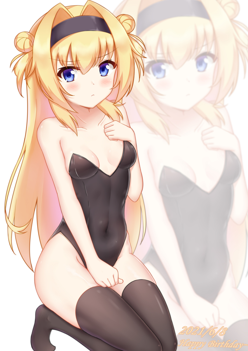 1girl, 2021, 943744252, :<, absurdres, bare_arms, bare_shoulders, between_legs, black_hairband, black_leotard, black_thighhighs, blonde_hair, blue_eyes, blush, breasts, breasts_apart, chinese_commentary, chitose_sana, clenched_hands, closed_mouth, collarbone, commentary_request, covered_navel, covering_privates, covering_crotch, dated, dated_commentary, double_bun, eyelashes, frown, groin, hair_between_eyes, hair_bun, hair_intakes, hairband, hand_between_legs, hand_up, happy_birthday, highres, kneeling, knees_out_of_frame, legs_together, leotard, long_hair, looking_at_viewer, medium_breasts, no_shoes, shy, sidelocks, simple_background, small_breasts, solo, straight_hair, tenshinranman, thighhighs, thighs, tiptoes, two_side_up, very_long_hair, white_background