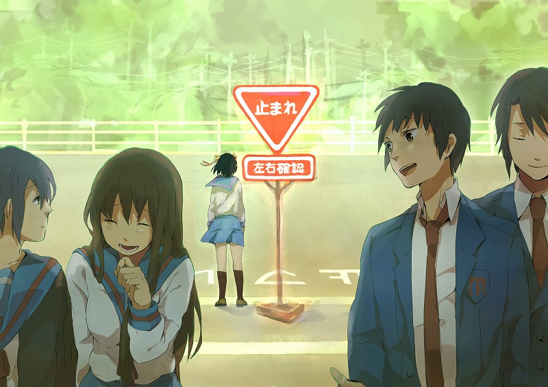 2boys, 3girls, amama_nyokki, asahina_mikuru, cardigan, full_body, japanese_stop_sign, koizumi_itsuki