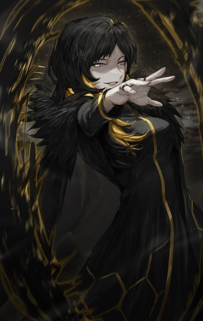 1girl, binah_(project_moon), black_cape, black_dress, black_hair, blonde_hair, cape, carol0905