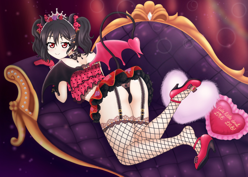 1girl, ass, black_hair, black_panties, couch, demon_horns, demon_tail, demon_wings