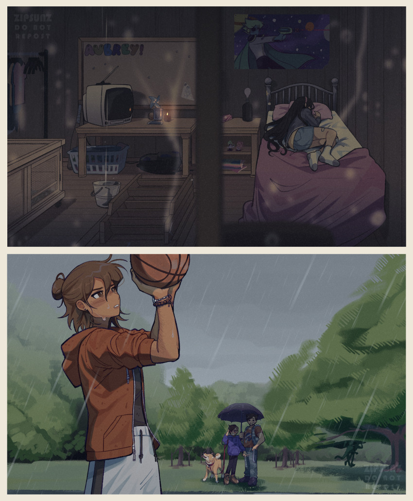 2boys, 2girls, absurdres, artist_name, aubrey_(omori), ball, basketball_(object), bed