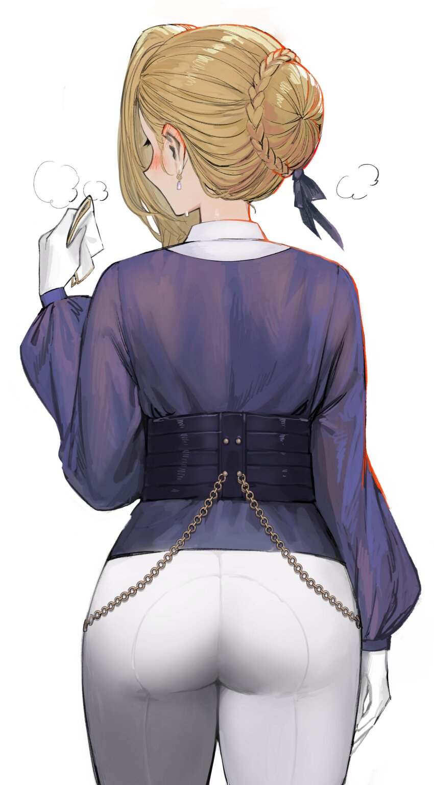 1girl, absurdres, ass, azur_lane, blonde_hair, blue_ribbon, blue_shirt, blush, braid, chain, commentary_request, earrings, eyelashes, french_braid, from_behind, gloves, handkerchief, highres, hood_(azur_lane), hood_(gentlewoman_and_stallion)_(azur_lane), jewelry, kaki_z3, long_eyelashes, long_hair, pants, ribbon, shirt, solo, sweat, white_background, white_gloves, white_pants