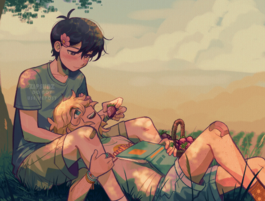 2boys, alternate_costume, artist_name, bandaid, bandaid_on_knee, bandaid_on_leg, basil_(omori), black_eyes, black_hair, blonde_hair, blue_eyes, blush, bracelet, brown_shorts, closed_mouth, flower, food, fruit, hair_flower, hair_ornament, highres, jewelry, looking_at_another, multiple_boys, omori, open_mouth, orange_socks, short_hair, short_sleeves, shorts, smile, socks, strawberry, sunny_(omori), teeth, upper_teeth_only, watermark, yaoi, zipsunz