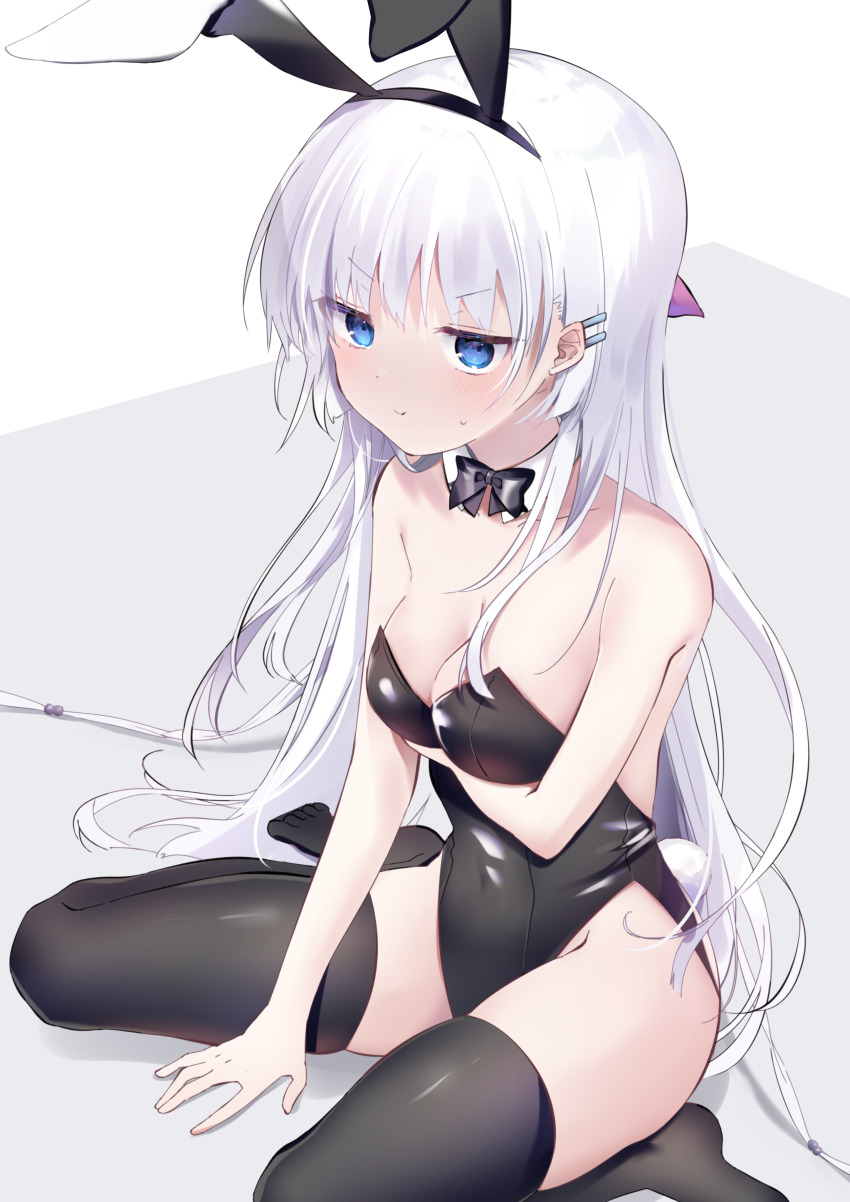 1girl, :t, absurdres, animal_ears, arm_under_breasts, bare_arms, bare_shoulders, between_legs
