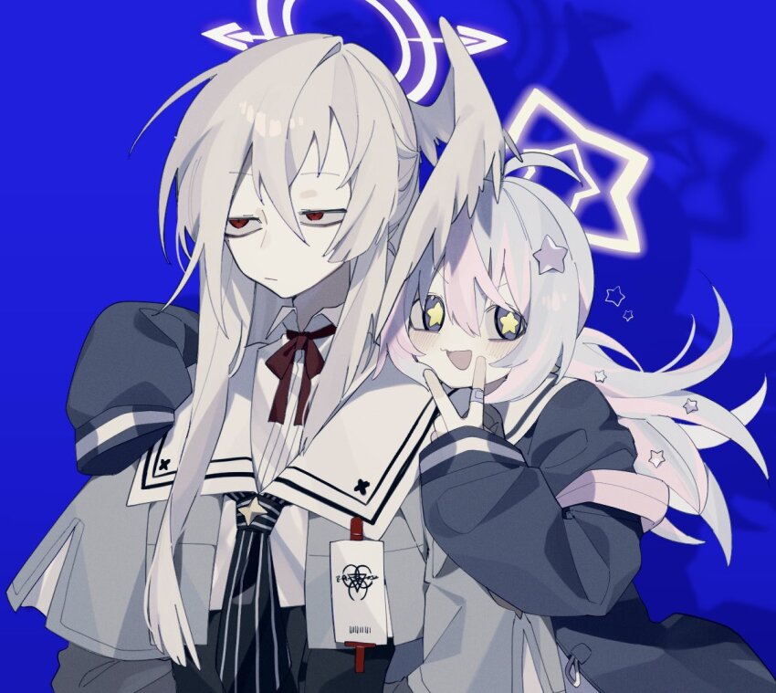 2girls, bandaid, bandaid_on_hand, blue_archive, blue_background, blush, closed_mouth, grey_hair