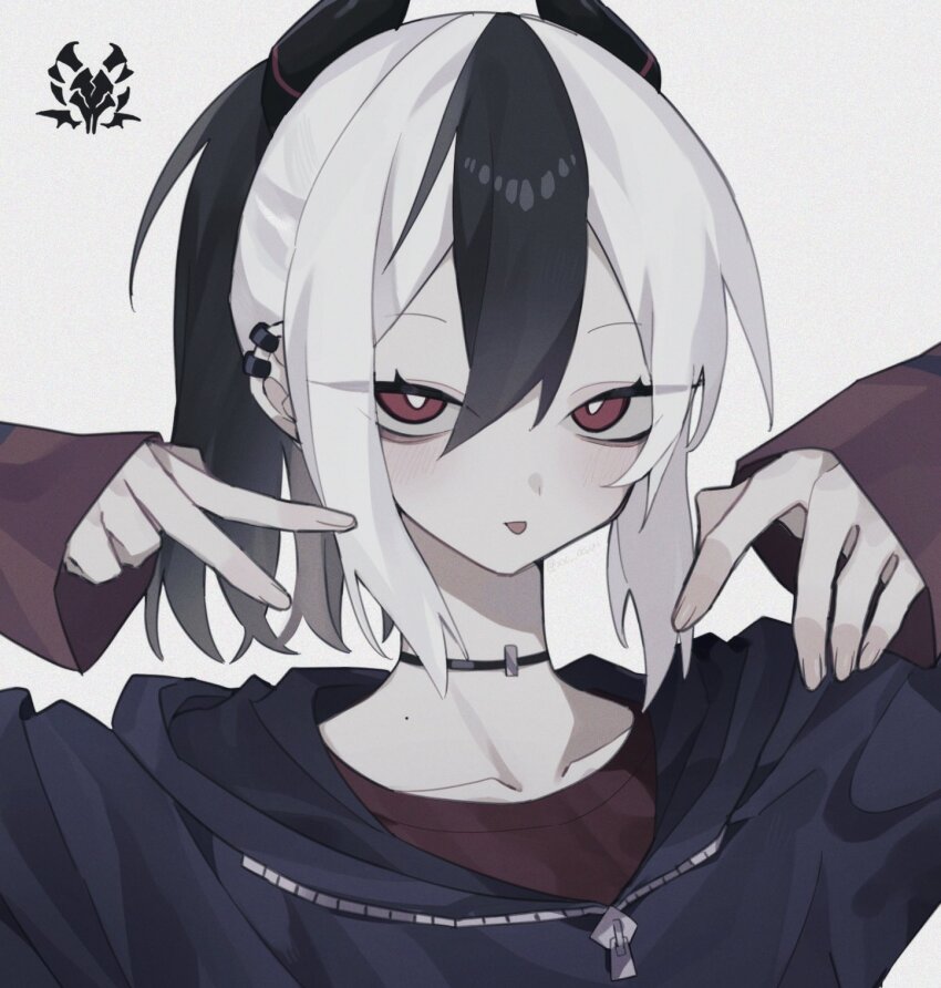 1girl, black_choker, black_hair, black_horns, blue_archive, choker, ear_piercing, grey_background