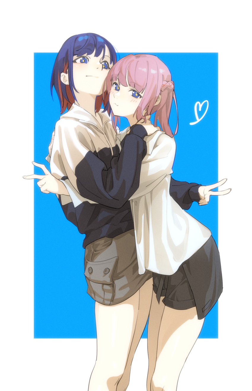 2girls, absurdres, bent_v, black_jacket, black_shorts, blue_background, blue_eyes, blue_hair