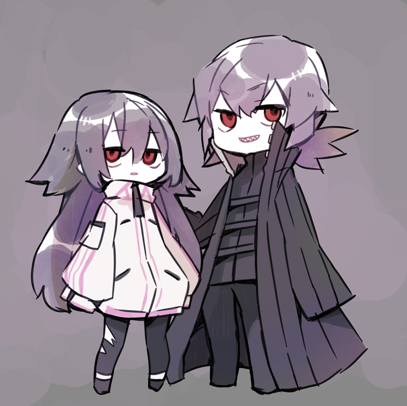 2girls, black_coat, black_pants, black_shirt, coat, colored_skin, commentary_request, grey_background