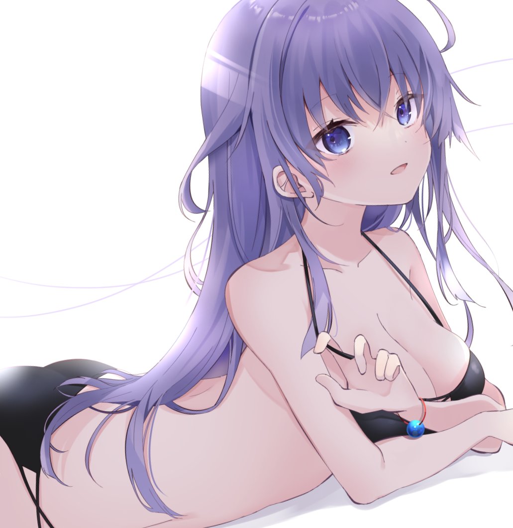 1girl, ass, back, bare_arms, bare_shoulders, bikini, bikini_pull, black_bikini, bloom, blue_eyes, bracelet, breasts, cleavage, clothes_pull, collarbone, crossed_arms, crossed_bangs, dutch_angle, eyelashes, eyes_visible_through_hair, from_side, hair_between_eyes, hair_spread_out, halterneck, jewelry, large_breasts, light_blush, long_hair, looking_at_viewer, lying, on_stomach, open_mouth, pulling_own_clothes, purple_hair, sidelighting, sidelocks, simple_background, skindentation, smile, solo, sorakado_ai, summer_pockets, swimsuit, upturned_eyes, very_long_hair, white_background, yutori_z71