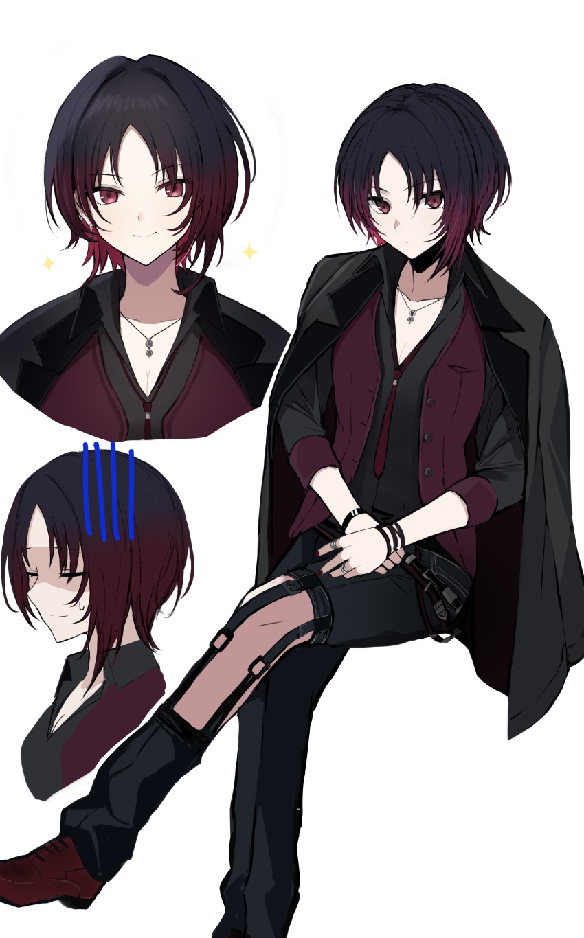 1girl, absurdres, argule0901, belt, black_belt, black_hair, black_jacket, black_pants