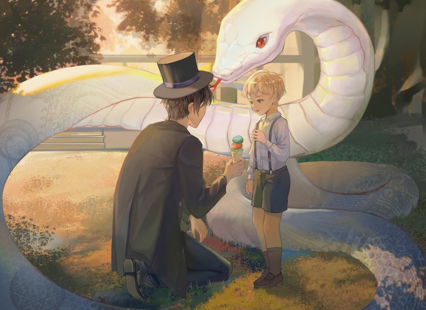 2boys, absurdres, black_eyes, black_footwear, black_hair, black_headwear, black_jacket, blonde_hair