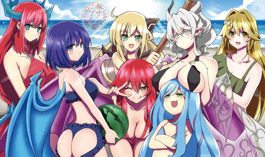 6+girls, ass, ass_cutout, bare_shoulders, beach, bikini, blonde_hair, blue_bikini, blue_eyes, blue_hair, blush, breast_rest, breasts, breasts_on_head, cleavage, clothing_cutout, demon_wings, dragon_girl, dragon_horns, drill_hair, duel_monster, evil_twin_ki-sikil, evil_twin_lil-la, exosister_elis, food, fruit, green_eyes, hair_ribbon, highres, hijiri_tsukasa_(hijiri-tukasa), horns, ki-sikil_(yu-gi-oh!), kitchen_dragonmaid, large_breasts, lil-la_(yu-gi-oh!), long_hair, lovely_labrynth_of_the_silver_castle, medium_hair, multicolored_hair, multiple_girls, pink_hair, red_bikini, red_hair, ribbon, rilliona_(yu-gi-oh!), sample_watermark, second-party_source, sky_striker_ace_-_raye, smile, streaked_hair, swimsuit, transparent_wings, twin_drills, twintails, very_long_hair, watermark, watermelon, white_eyes, white_hair, wings, witchcrafter_madame_verre, yellow_eyes, yu-gi-oh!