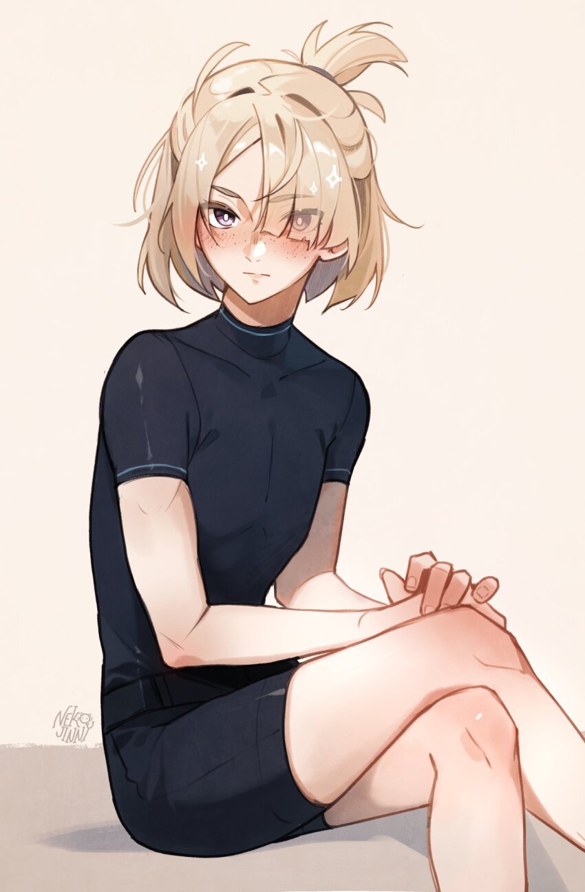 1boy, black_shirt, black_shorts, blonde_hair, blush, closed_mouth, crossed_legs, freckles