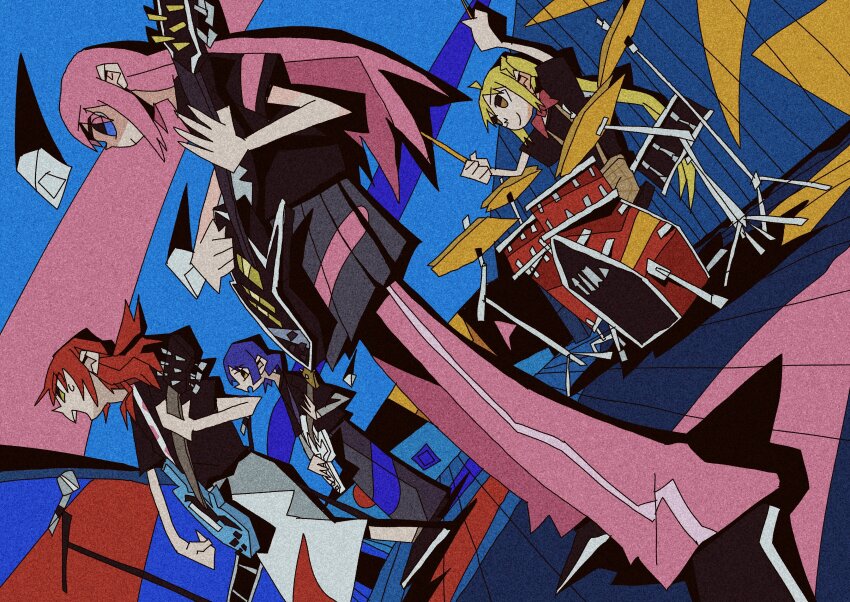 4girls, absurdres, ahoge, arms_up, bass_guitar, black_shirt, black_skirt, blonde_hair, blue_eyes, blue_hair, bocchi_the_rock!, bow, bowtie, brown_eyes, brown_pants, closed_mouth, colored_shadow, concentrating, cymbals, drum, drum_set, drumsticks, dutch_angle, electric_guitar, film_grain, flat_color, from_below, from_side, gotoh_hitori, grey_skirt, guitar, highres, holding, holding_drumsticks, holding_instrument, ijichi_nijika, instrument, kita_ikuyo, layered_sleeves, long_hair, long_skirt, long_sleeves, looking_to_the_side, microphone_stand, multiple_girls, music, nyr50ml, one_side_up, open_mouth, pants, pants_under_skirt, pink_hair, playing_instrument, pleated_skirt, profile, red_bow, red_bowtie, red_hair, shadow, shirt, shoes, short_hair, short_over_long_sleeves, short_sleeves, side_ponytail, sitting, skirt, smile, sneakers, stage, suspenders, sweat, t-shirt, track_pants, very_long_hair, white_skirt, yamada_ryo, yellow_eyes